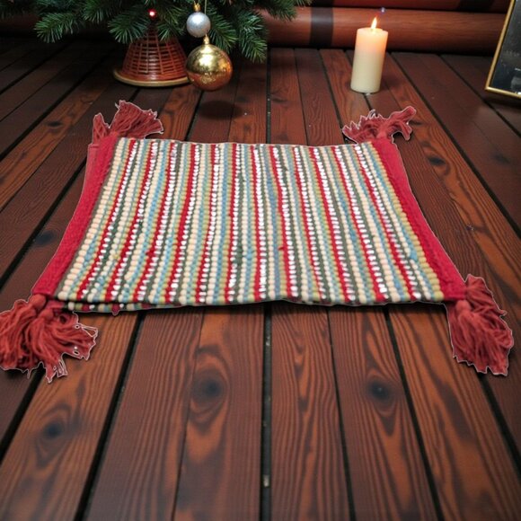 4 Holiday Christmas Placemats Handwoven Striped Wool & Cotton Holiday Red green - Picture 1 of 7